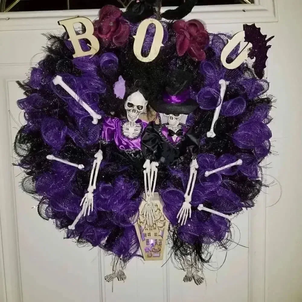 Handmade Halloween Mr and Mrs skeleton wreath